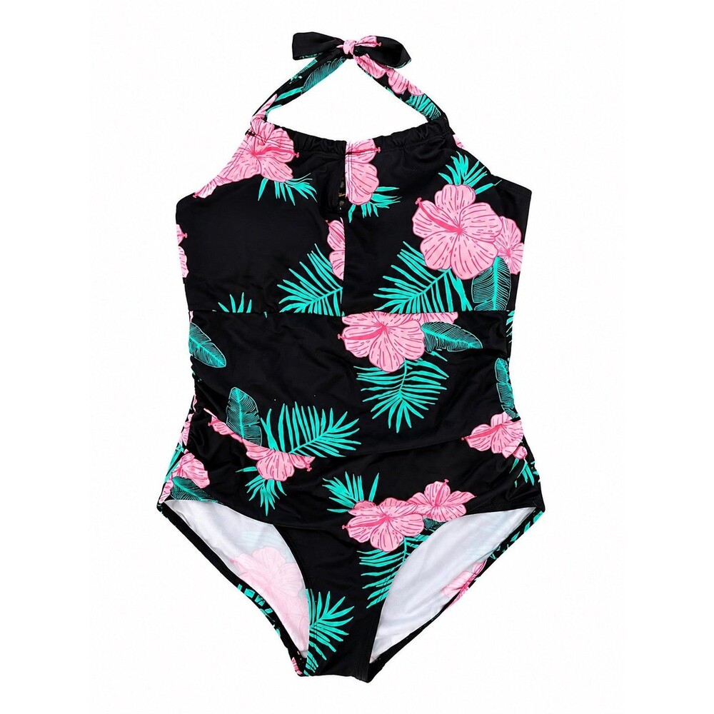 Crane Women’s XL 16-18 Tummy Toning One Piece Swimsuit Black Pink Floral Halter